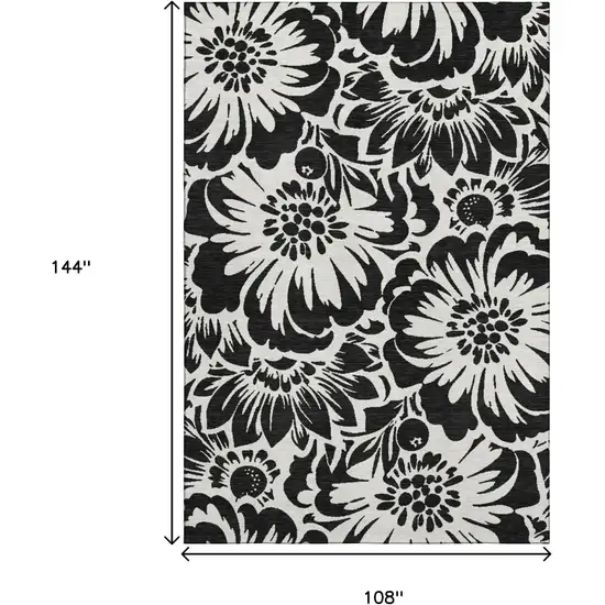 Black And Ivory Floral Washable Area Rug With UV Protection Photo 3
