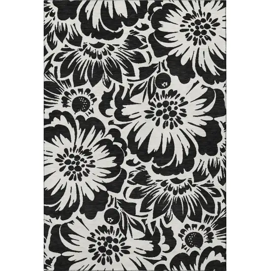 Black And Ivory Floral Washable Area Rug With UV Protection Photo 4