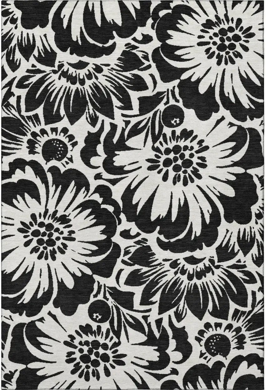 Black And Ivory Floral Washable Area Rug With UV Protection Photo 4