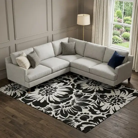 Black And Ivory Floral Washable Area Rug With UV Protection Photo 1