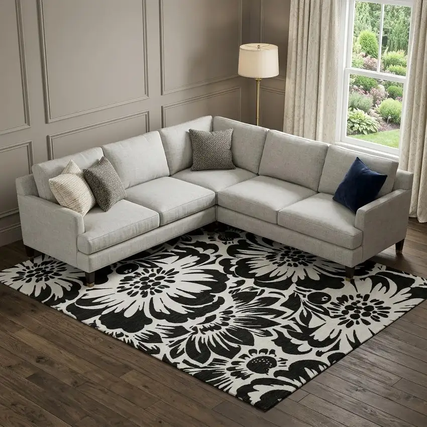 Black And Ivory Floral Washable Area Rug With UV Protection Photo 1