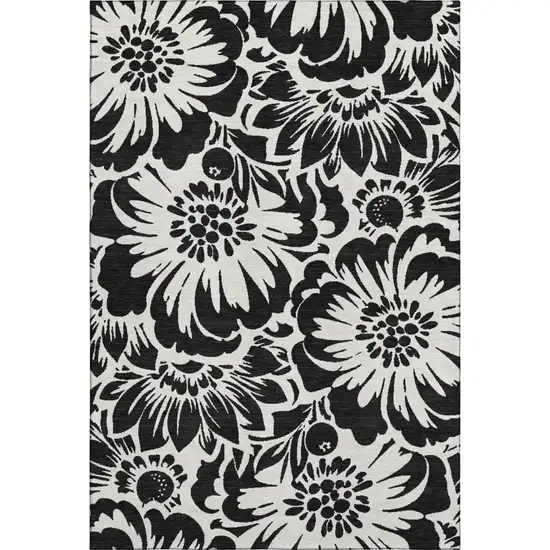Black And Ivory Floral Washable Area Rug With UV Protection Photo 1