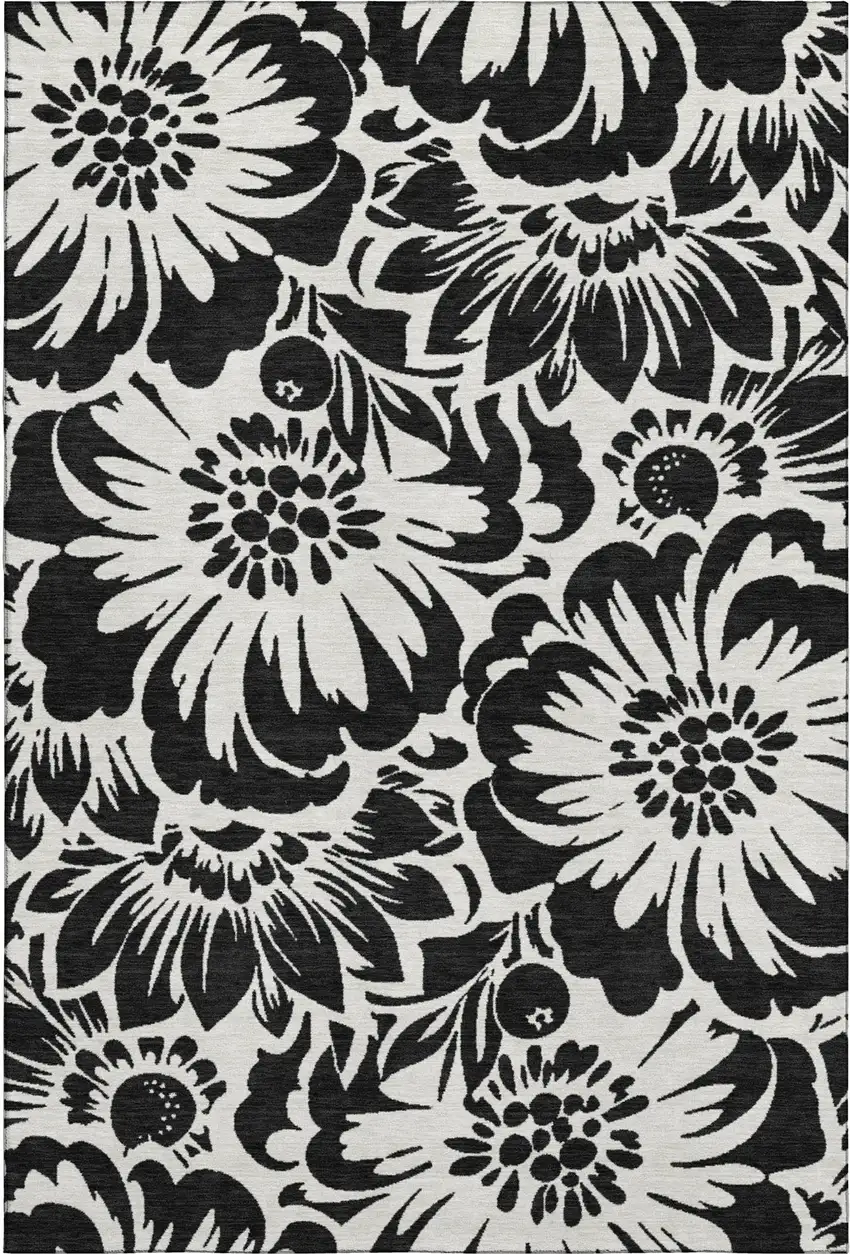 Black And Ivory Floral Washable Area Rug With UV Protection Photo 1