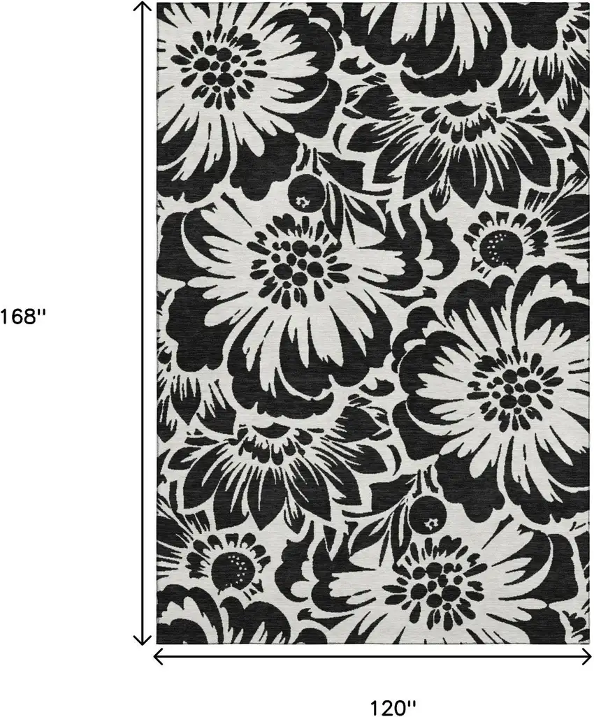 Black And Ivory Floral Washable Area Rug With UV Protection Photo 3