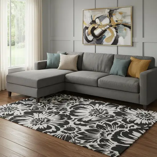 Black And Ivory Floral Washable Area Rug With UV Protection Photo 1