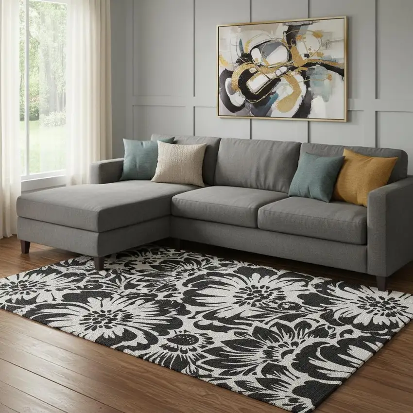 Black And Ivory Floral Washable Area Rug With UV Protection Photo 1