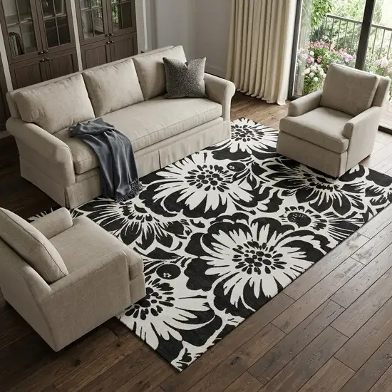 Black And Ivory Floral Washable Area Rug With UV Protection Photo 1