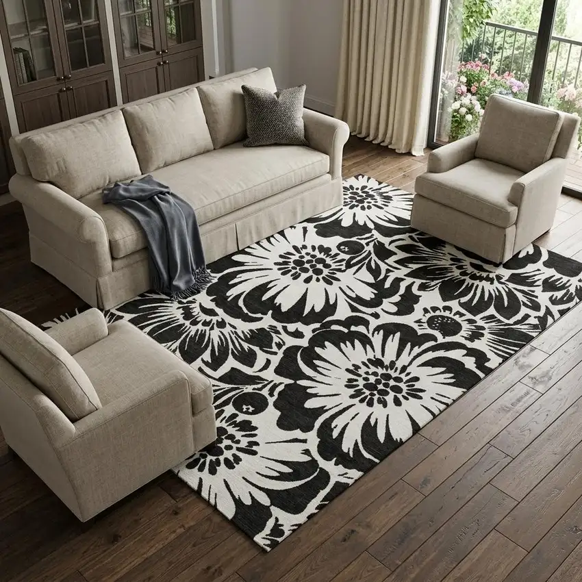 Black And Ivory Floral Washable Area Rug With UV Protection Photo 1