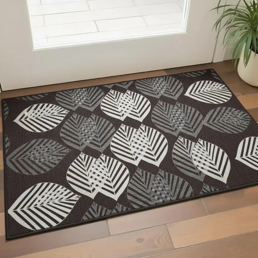 Black And Ivory Floral Washable Area Rug With UV Protection Photo 2