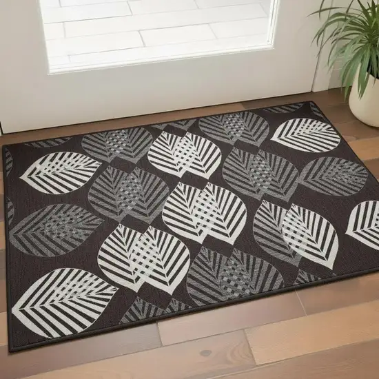 Black And Ivory Floral Washable Area Rug With UV Protection Photo 2