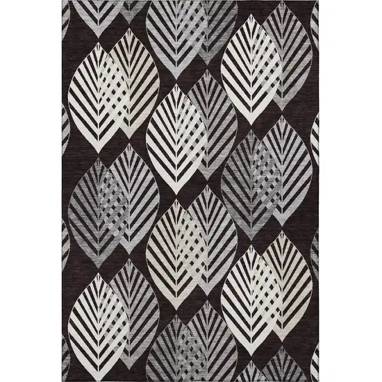 Black And Ivory Floral Washable Area Rug With UV Protection Photo 3