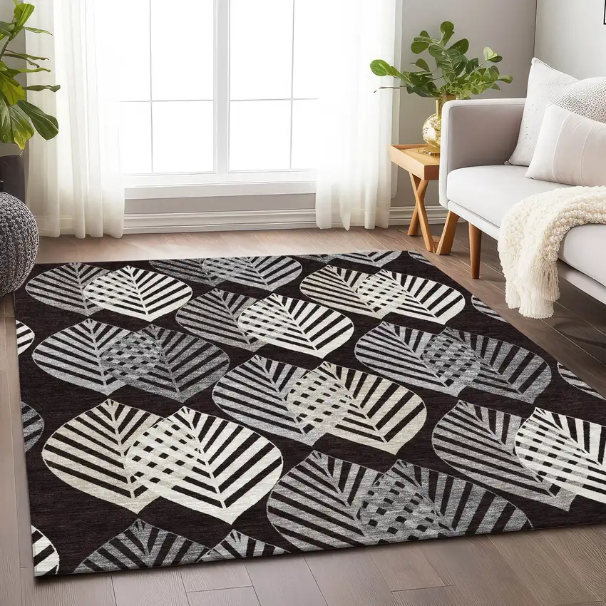 Black And Ivory Floral Washable Area Rug With UV Protection Photo 5