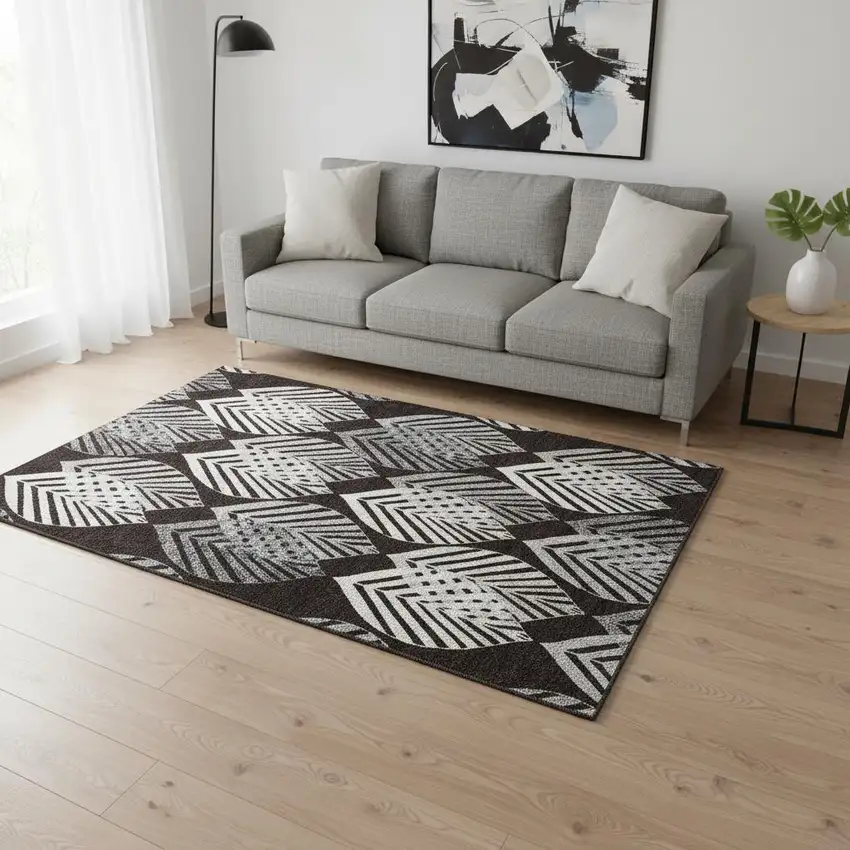 Black And Ivory Floral Washable Area Rug With UV Protection Photo 2