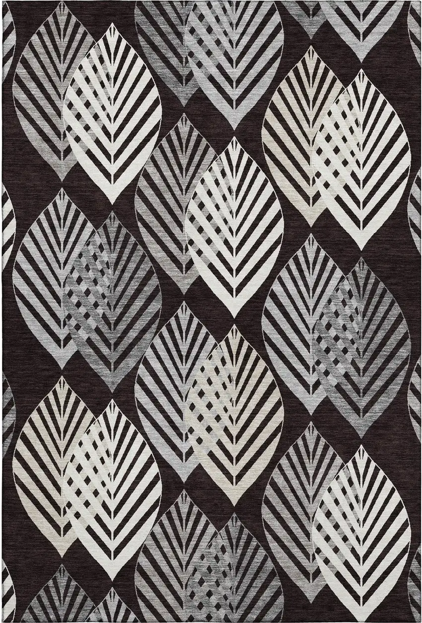 Black And Ivory Floral Washable Area Rug With UV Protection Photo 1