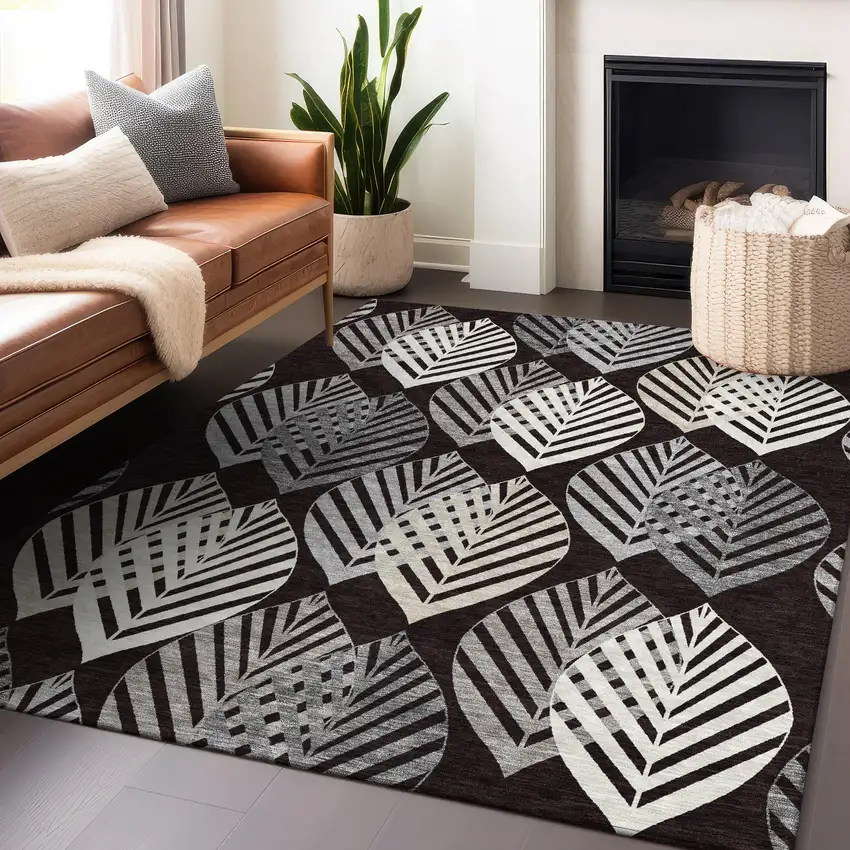 Black And Ivory Floral Washable Area Rug With UV Protection Photo 6