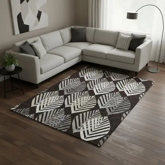 Black And Ivory Floral Washable Area Rug With UV Protection Photo 2