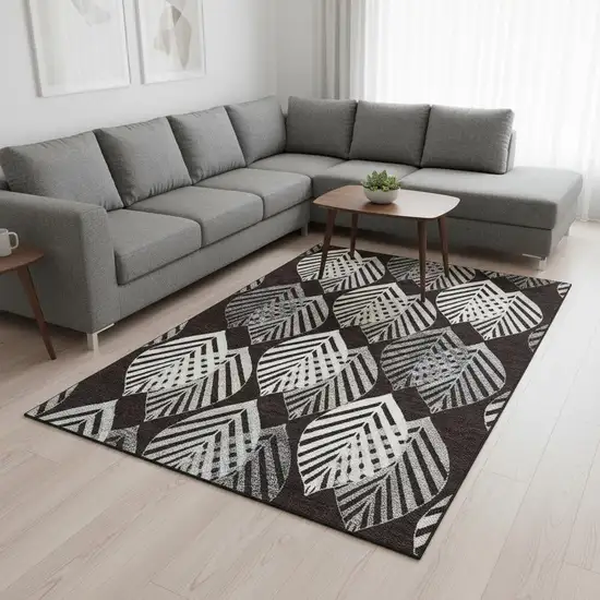 Black And Ivory Floral Washable Area Rug With UV Protection Photo 2