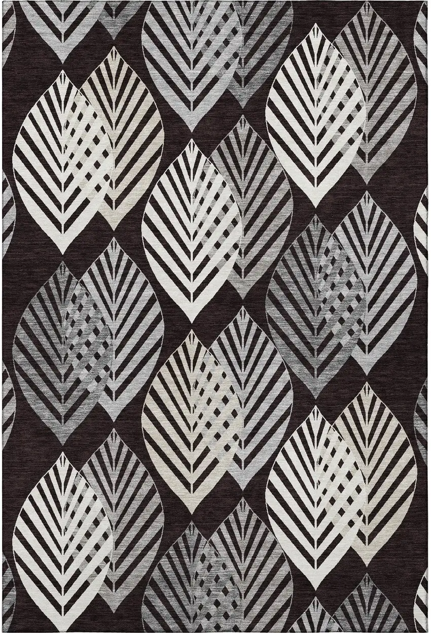 Black And Ivory Floral Washable Area Rug With UV Protection Photo 4