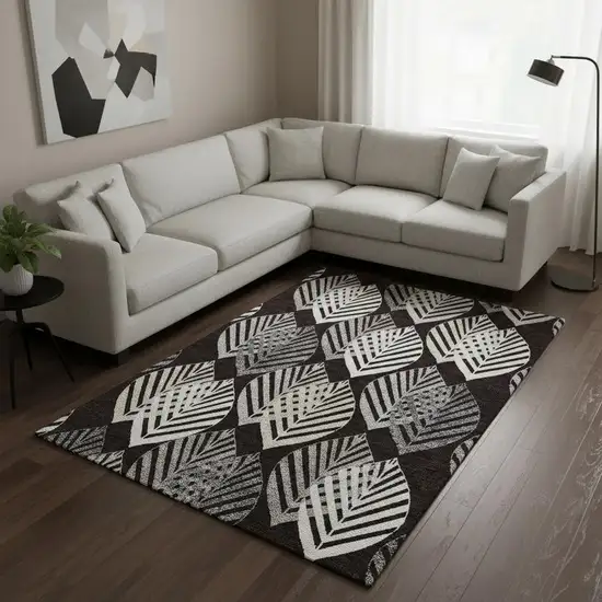 Black And Ivory Floral Washable Area Rug With UV Protection Photo 2