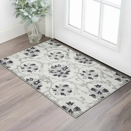 Black And Ivory Floral Washable Area Rug With UV Protection Photo 2