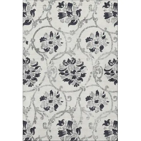 Black And Ivory Floral Washable Area Rug With UV Protection Photo 3