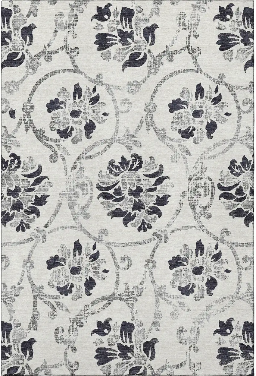 Black And Ivory Floral Washable Area Rug With UV Protection Photo 3