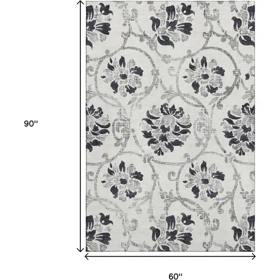 Black And Ivory Floral Washable Area Rug With UV Protection Photo 3