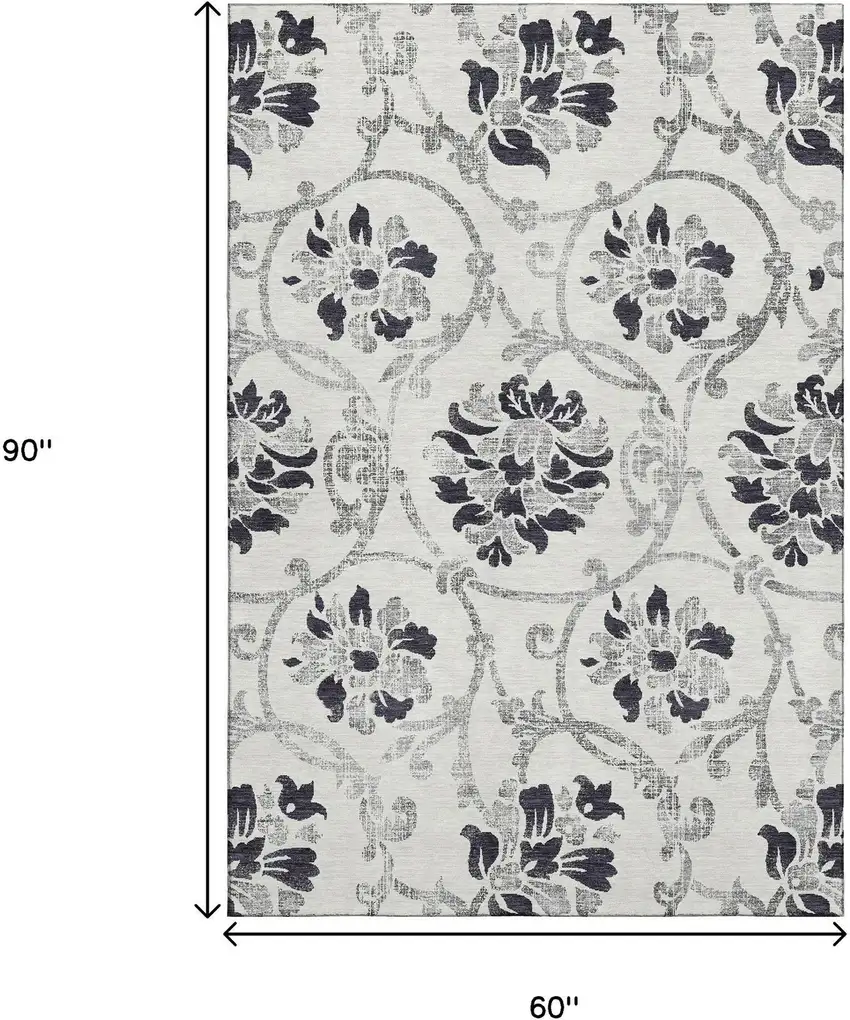Black And Ivory Floral Washable Area Rug With UV Protection Photo 3