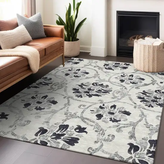 Black And Ivory Floral Washable Area Rug With UV Protection Photo 6