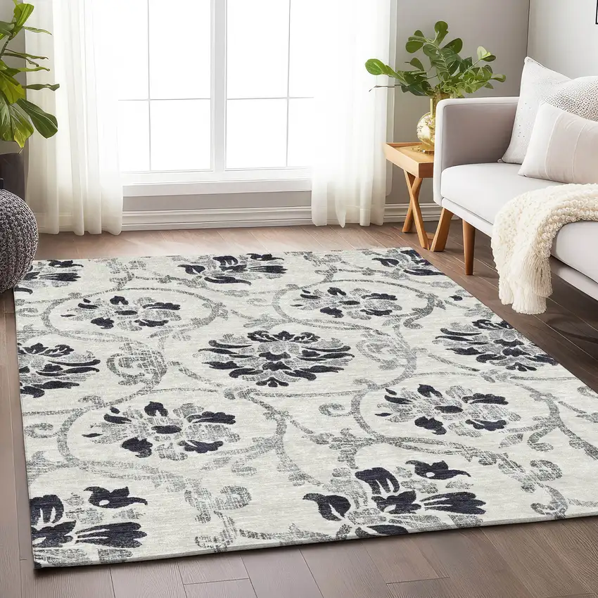 Black And Ivory Floral Washable Area Rug With UV Protection Photo 5