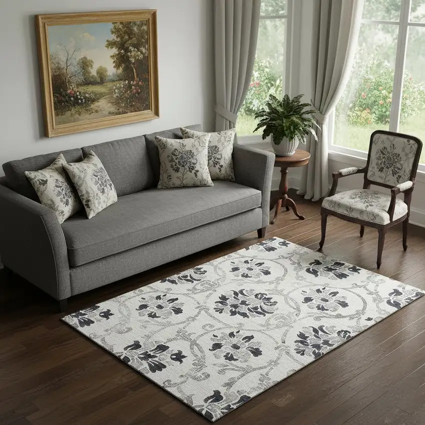 Black And Ivory Floral Washable Area Rug With UV Protection Photo 1