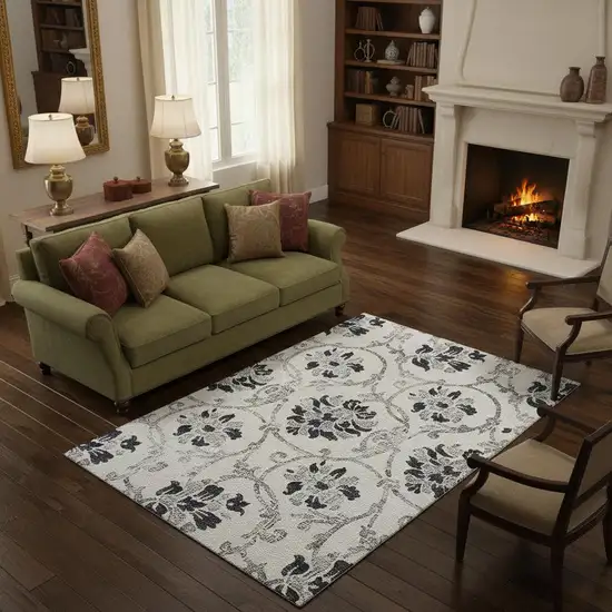 Black And Ivory Floral Washable Area Rug With UV Protection Photo 2