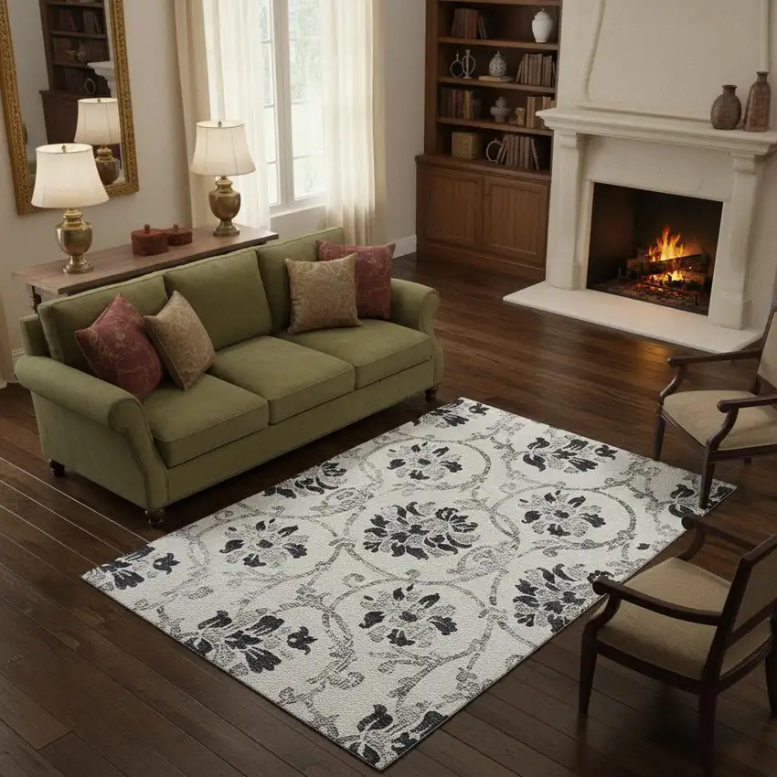 Black And Ivory Floral Washable Area Rug With UV Protection Photo 2