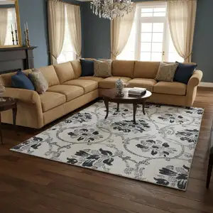 Photo of Black And Ivory Floral Washable Area Rug With UV Protection