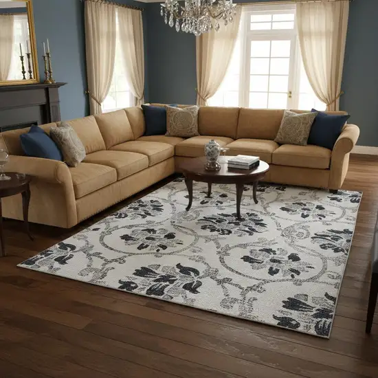 Black And Ivory Floral Washable Area Rug With UV Protection Photo 2