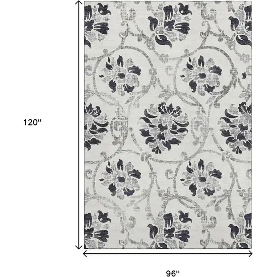 Black And Ivory Floral Washable Area Rug With UV Protection Photo 3