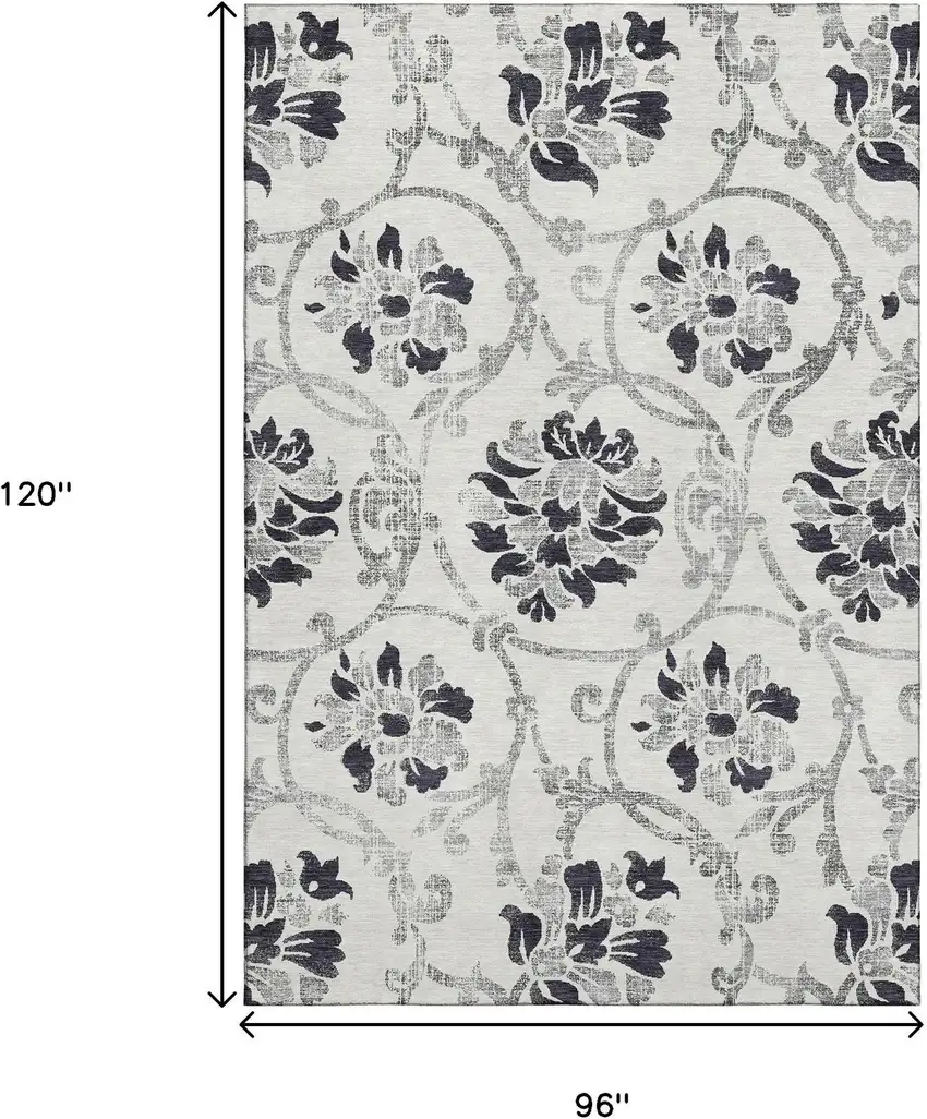 Black And Ivory Floral Washable Area Rug With UV Protection Photo 3