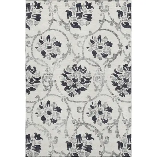 Black And Ivory Floral Washable Area Rug With UV Protection Photo 2