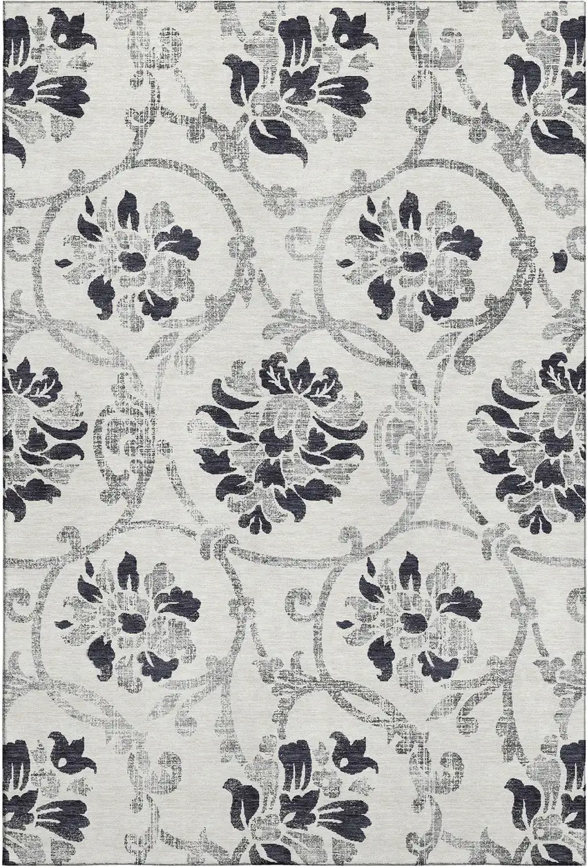 Black And Ivory Floral Washable Area Rug With UV Protection Photo 2