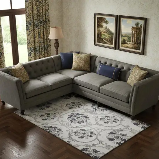 Black And Ivory Floral Washable Area Rug With UV Protection Photo 1