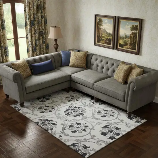 Black And Ivory Floral Washable Area Rug With UV Protection Photo 1