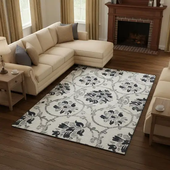 Black And Ivory Floral Washable Area Rug With UV Protection Photo 2