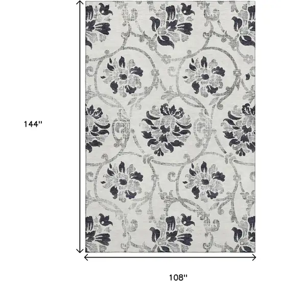 Black And Ivory Floral Washable Area Rug With UV Protection Photo 3