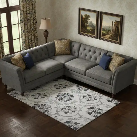 Black And Ivory Floral Washable Area Rug With UV Protection Photo 1