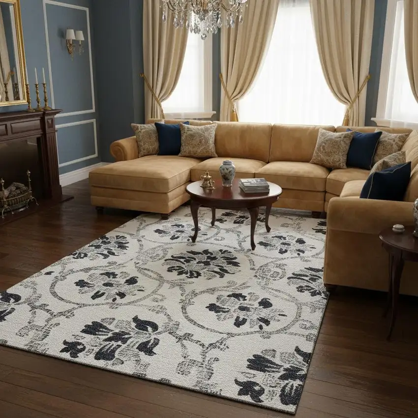 Black And Ivory Floral Washable Area Rug With UV Protection Photo 2