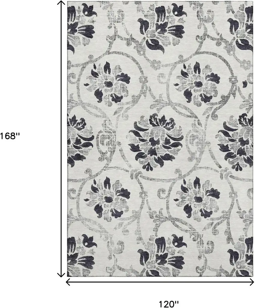 Black And Ivory Floral Washable Area Rug With UV Protection Photo 3