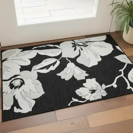 Black And Ivory Floral Washable Area Rug With UV Protection Photo 2