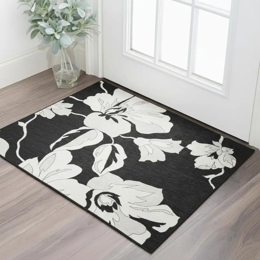 Black And Ivory Floral Washable Area Rug With UV Protection Photo 2