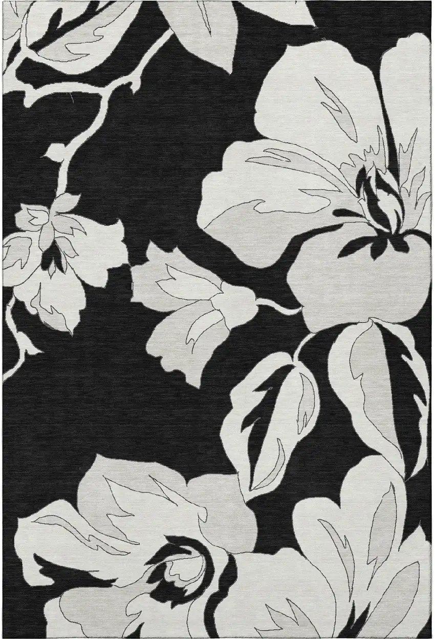 Black And Ivory Floral Washable Area Rug With UV Protection Photo 4