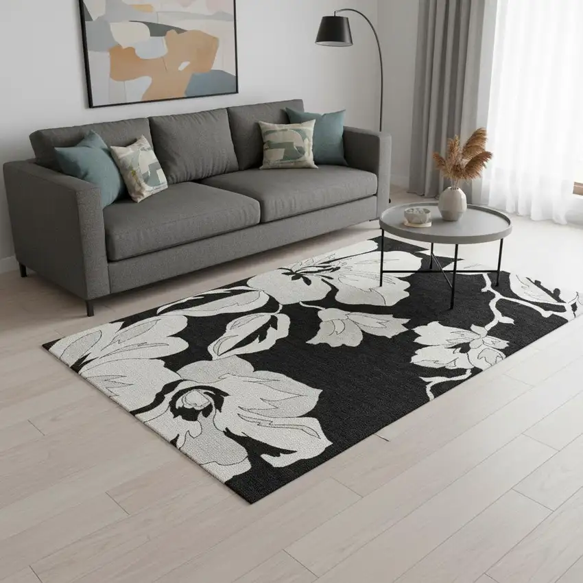 Black And Ivory Floral Washable Area Rug With UV Protection Photo 2
